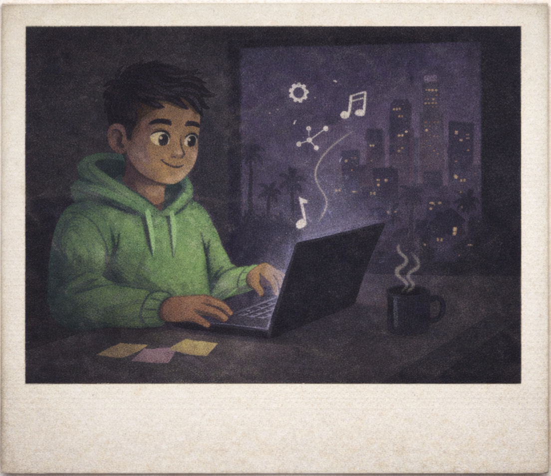 Coding at night with city skyline